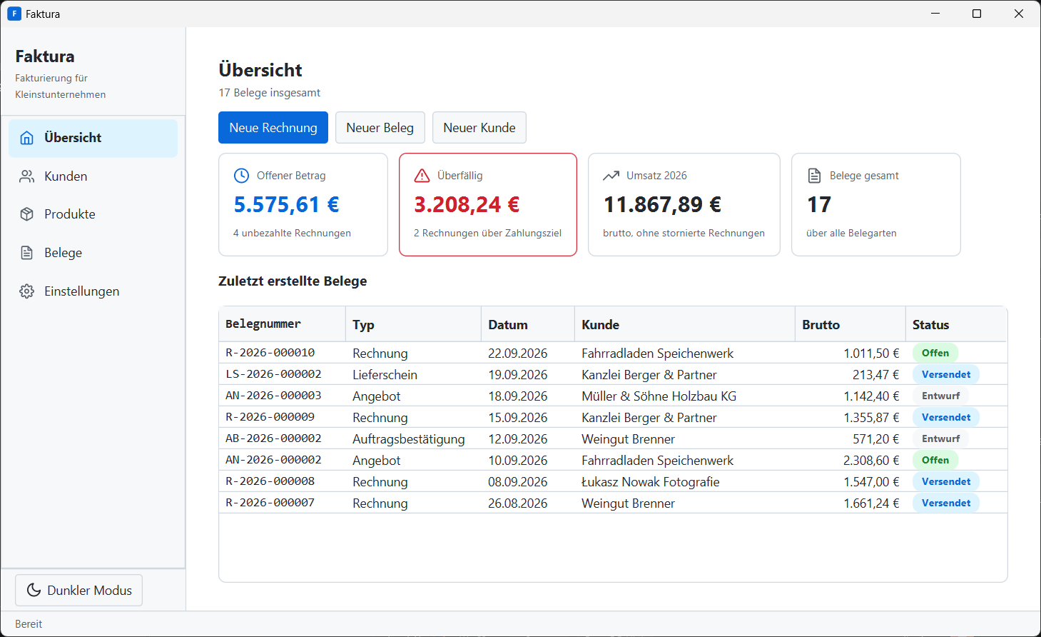 Faktura overview showing open and overdue invoices and revenue for the year
